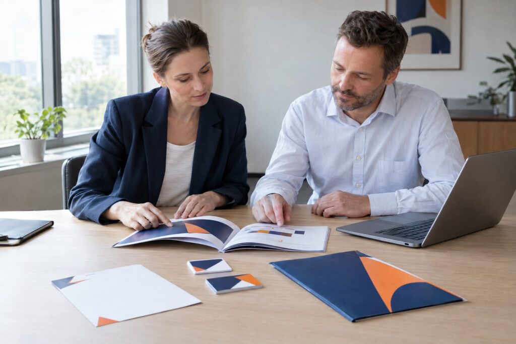 Kobieta i mężczyzna przeglądają brandbook, na stole papier firmowy, wizytówki i teczka w tych samych kolorach